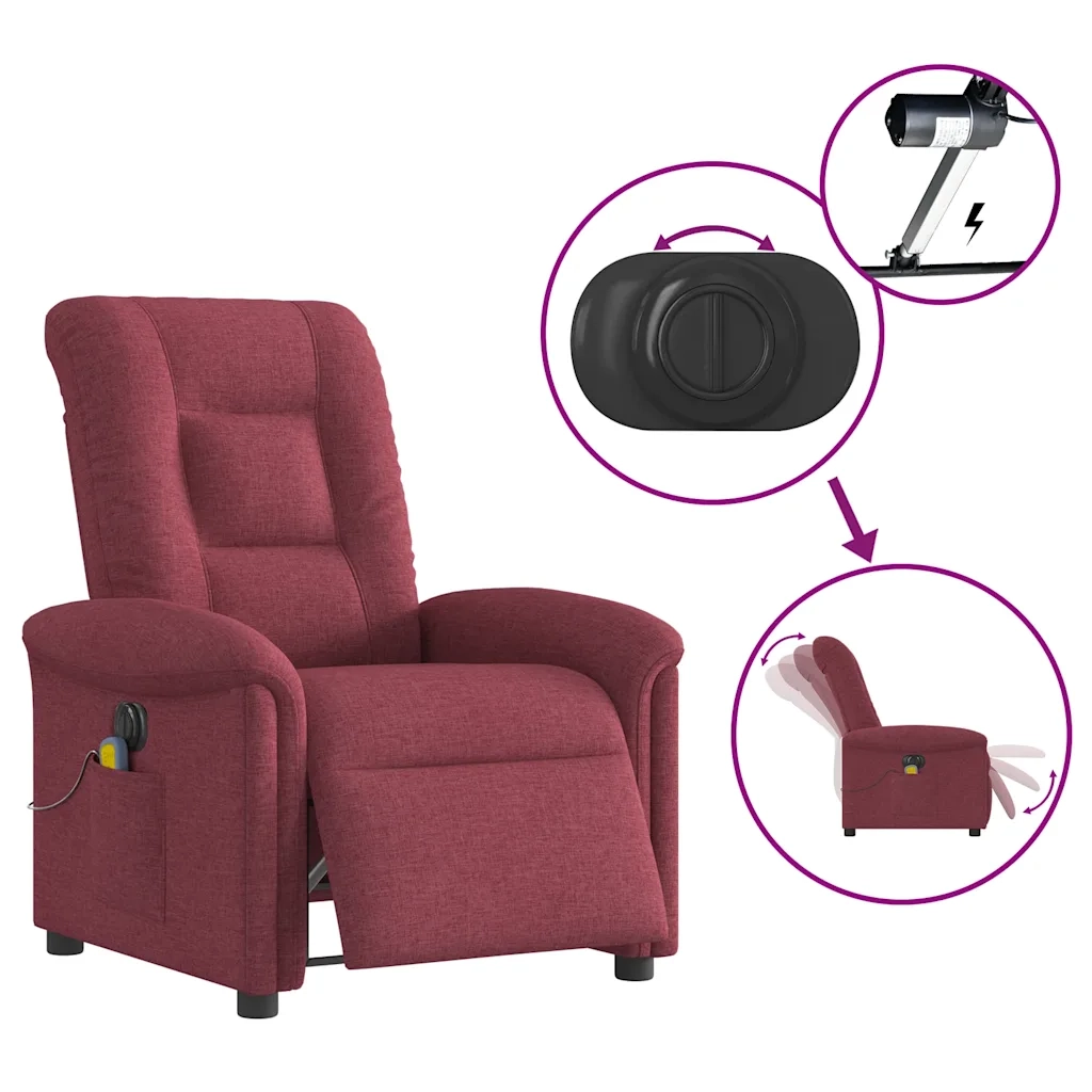 vidaXL Poltrona Massaggiante Reclinabile Elettrica Rosso Vino Tessuto