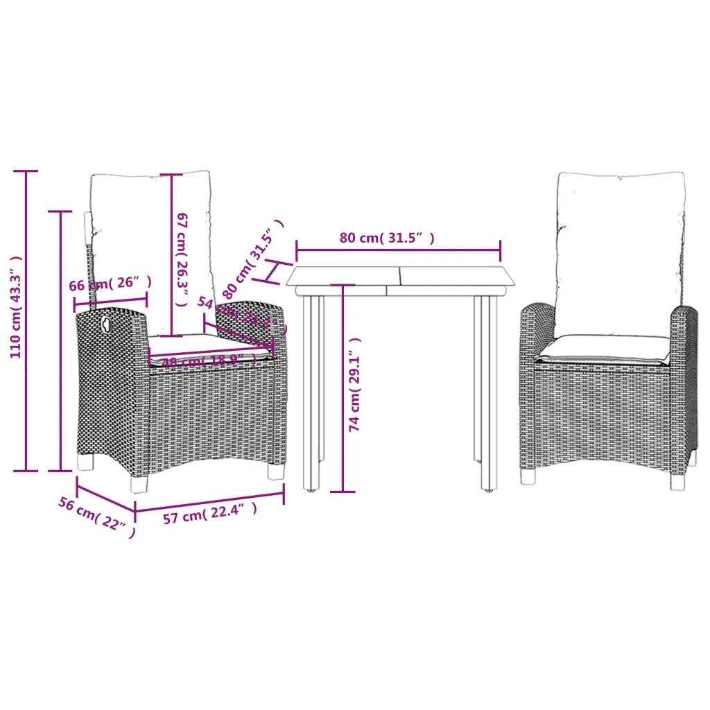 Set Pranzo da Giardino 3pz | Set Salotto da Giardino con Cuscini Grigio Chiaro Polyrattan