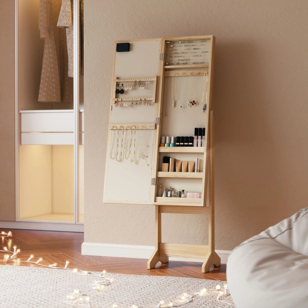 Armadio Joyero con Specchio e Luci LED ¨C zephmum ¨C Legno Naturale, Bianco, 90x51x