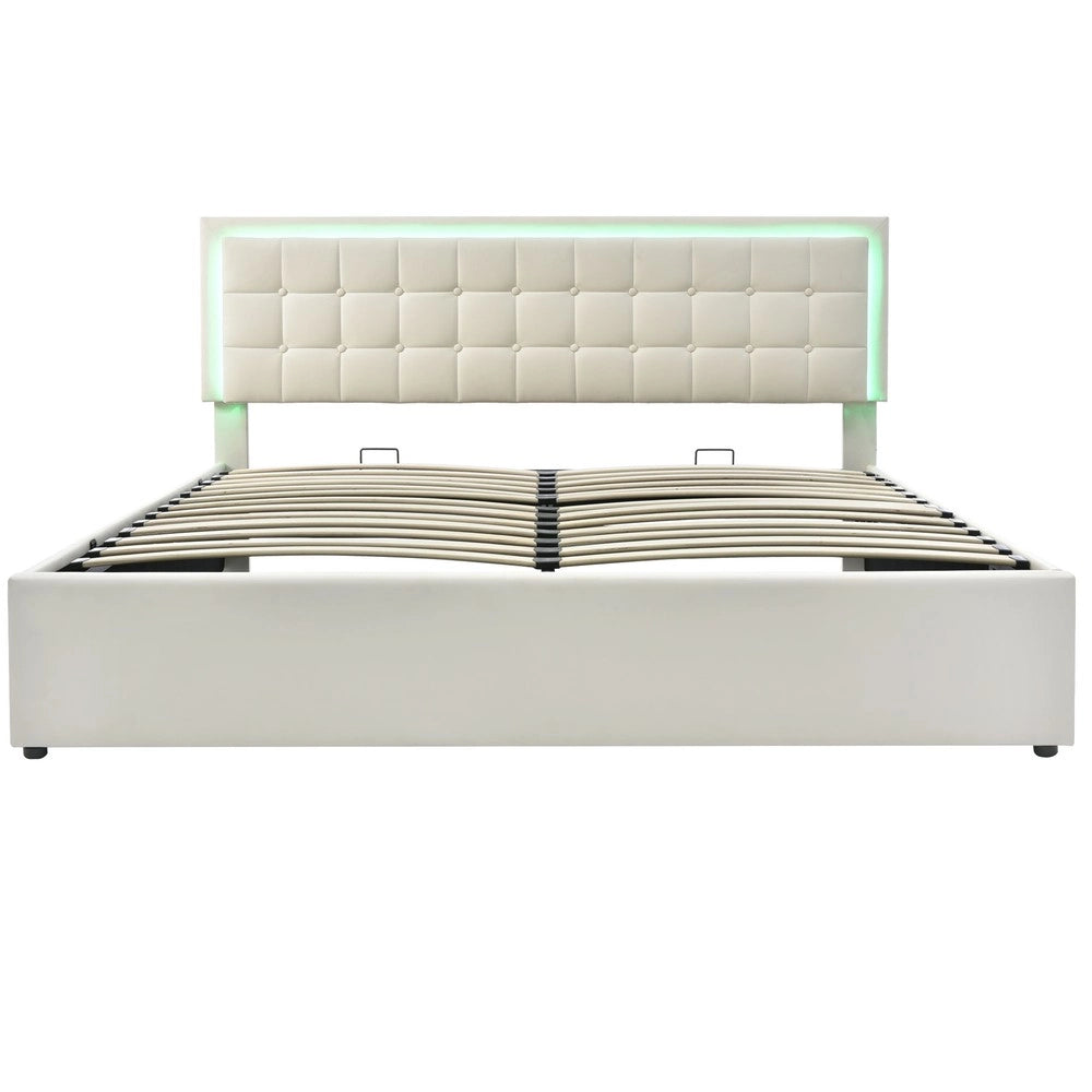 Letto Contenitore Imbottito con LED ¨C MINIMAL ¨C Similpelle Bianco 180x200