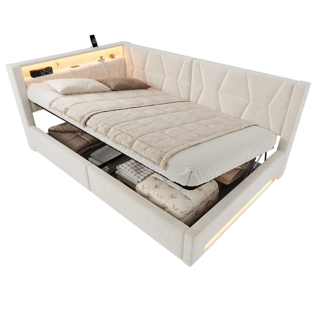 Letto Contenitore 140x200 cm con USB; Type-C e LED; in Velluto Beige