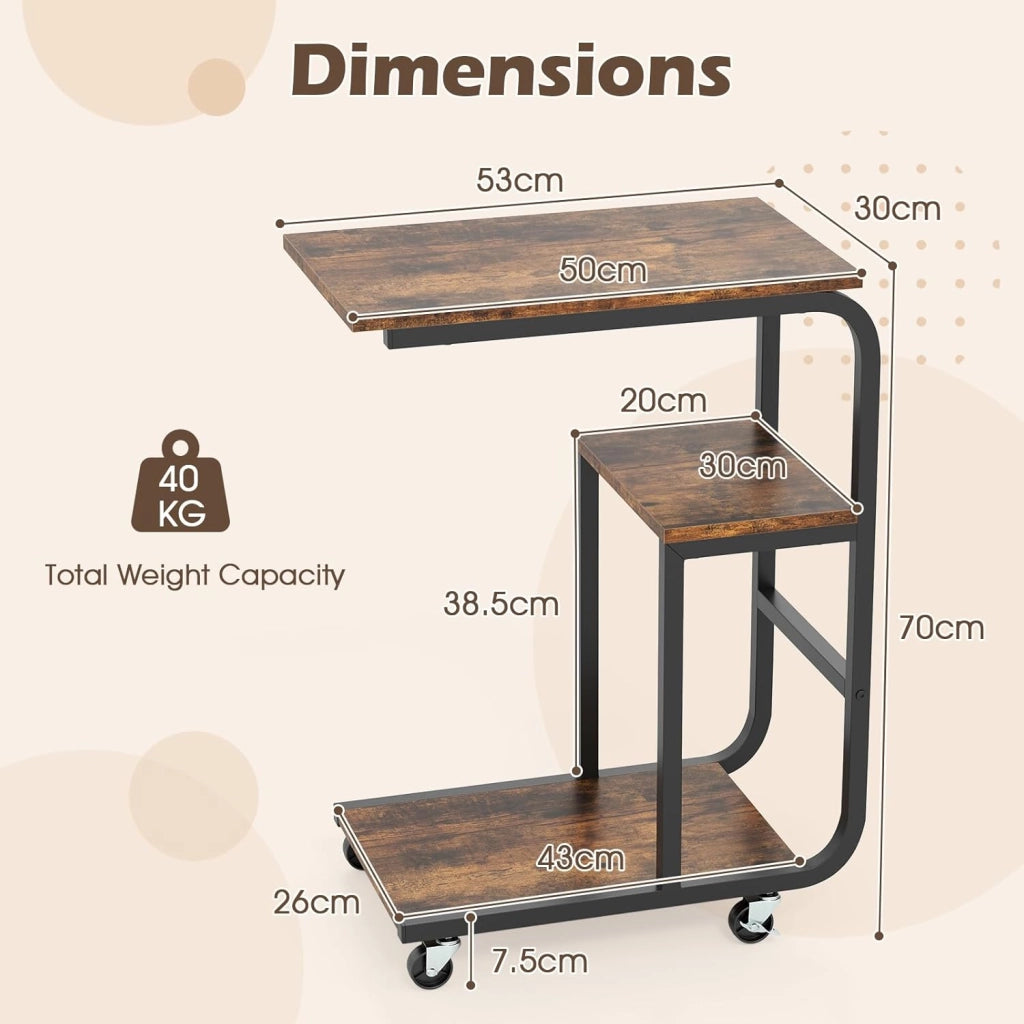 Set di 2 tavolini a forma di C, per PC portatile con ruote, tavolino da caffè a 3 livelli, design industriale