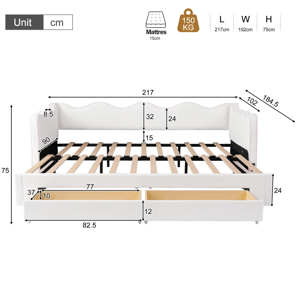 Letto estraibile 90 × 200 cm con 2 cassetti, USB e Type-C, senza materasso, bouclé beige