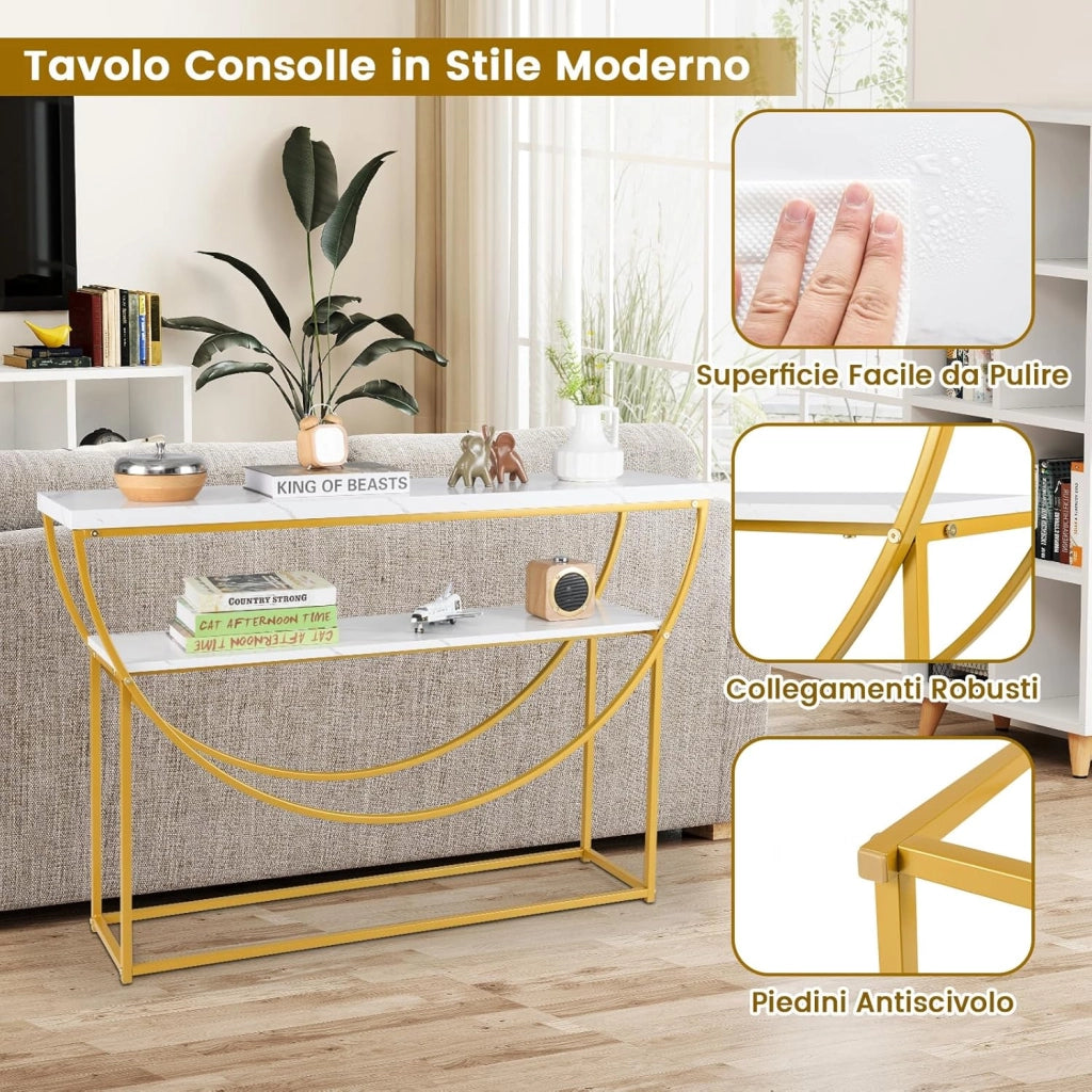 Tavolo Consolle a 2 Ripiani con Piano in Marmo Finto, Tavolo d’Ingresso con Struttura in Metallo Resistente e Mensola, Tavolino Lungo e Moderno per Corridoio, Ingresso e Salotto