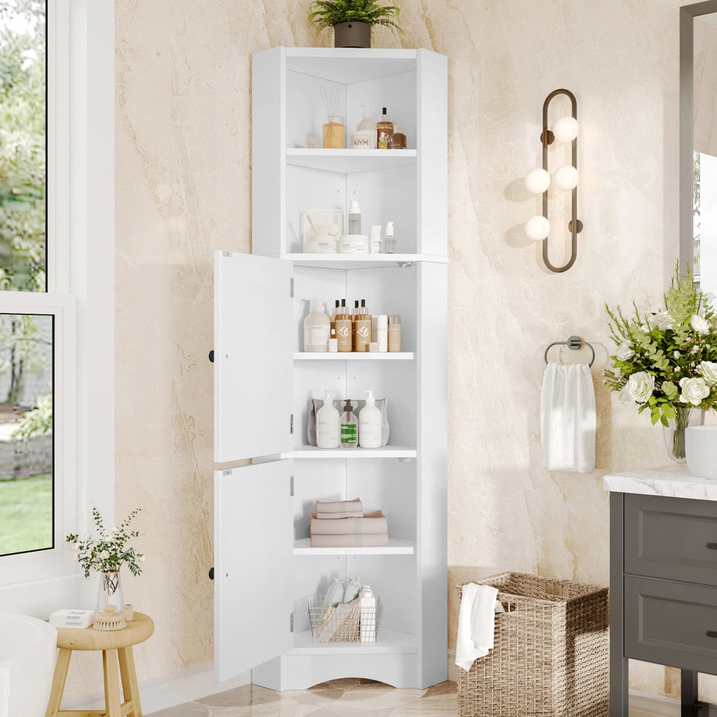 Mobile bagno angolare triangolare in MDF con finitura laccata, 2 ante, 2 ripiani aperti e divisori regolabili, bianco