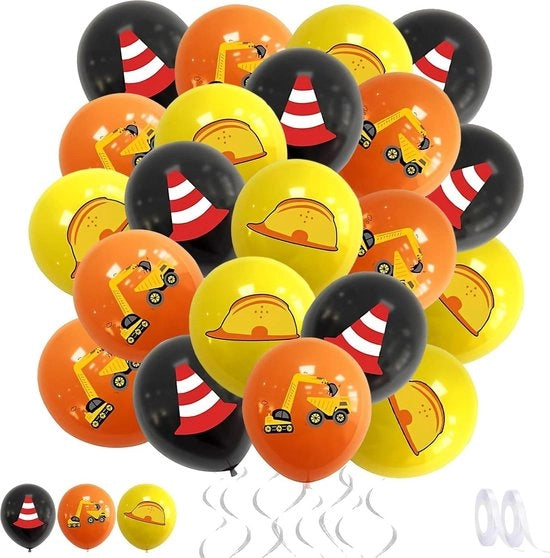 Ballooncines per costruzione cantiere festa - 24 pezzi palloni in lattice macchina da cantiere camion casco di sicurezza barricata stampa - Inclusi 2 nastri per palloni 30 cm