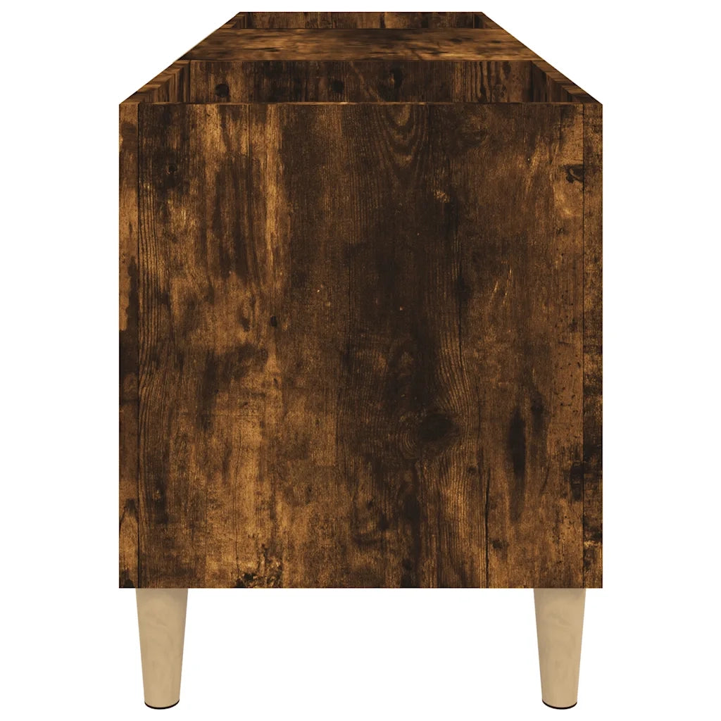 Mobile porta dischi pratico con vano contenitore 121 x 38 x 48 cm realizzato in legno composito finitura rovere affumicato 02_0049192