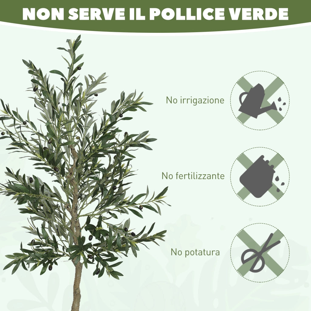 Pianta Artificiale di Olivo Alta 180 cm con 900 Foglie e 40 Olive Vaso Incluso Nero