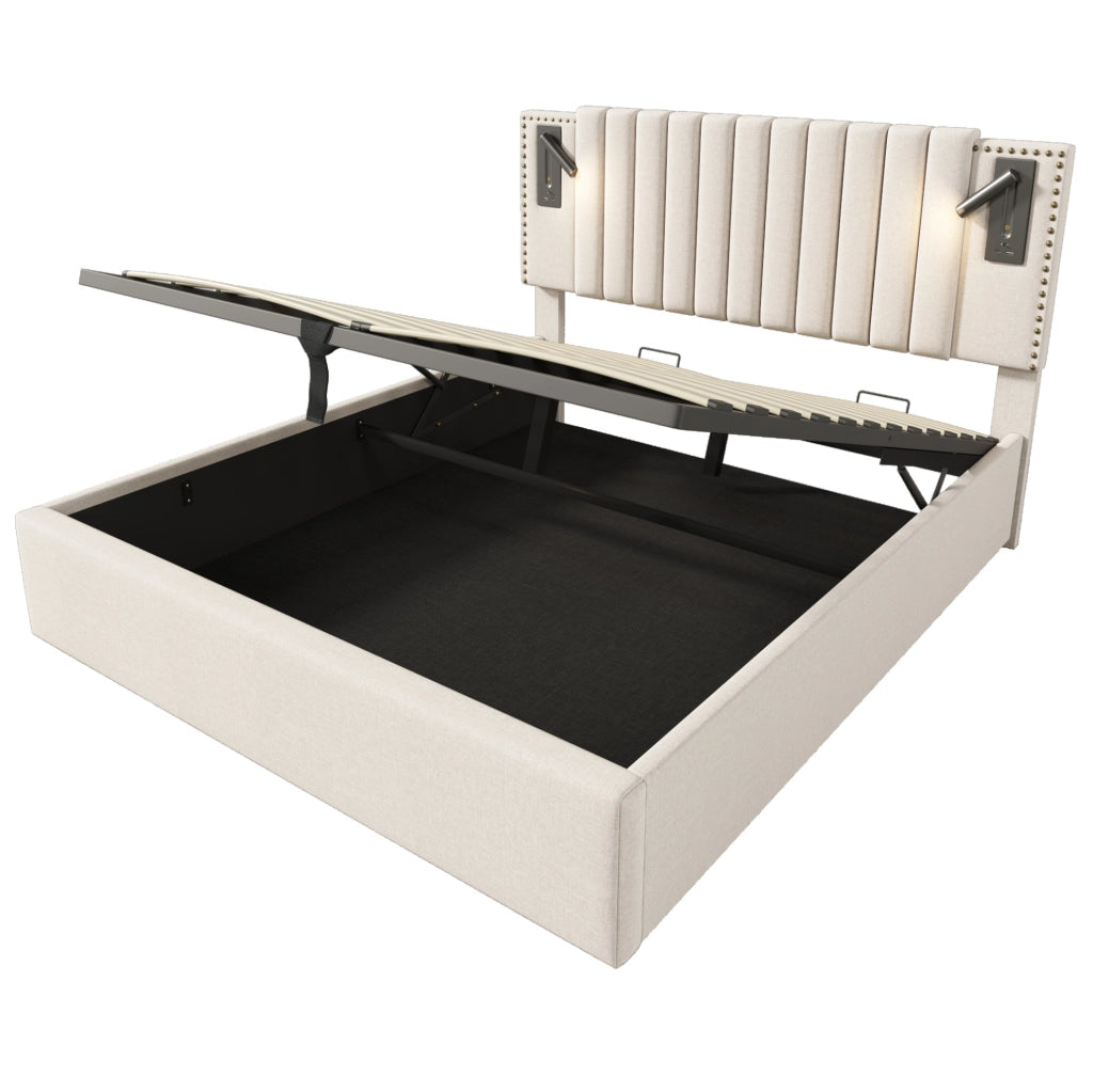 Letto matrimoniale contenitore 140x200 cm in cotone beige con testiera regolabile; luci lettura e USB