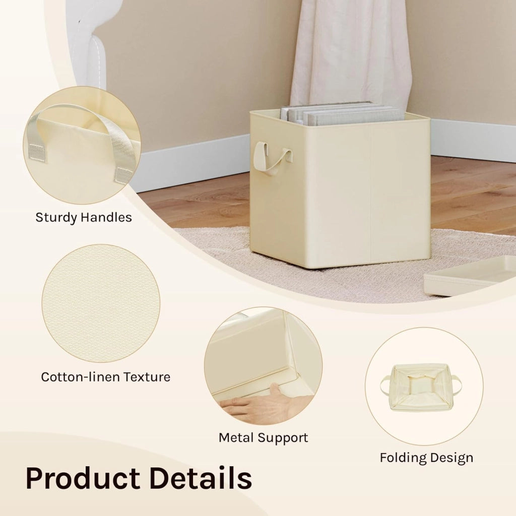 Scatole Contenitori Pieghevoli Set di 10, Cubi in Tessuto con Manico, Coperchio e Struttura in Metallo, Organizer per Armadio e Scaffale, Crema, 27x27x27cm
