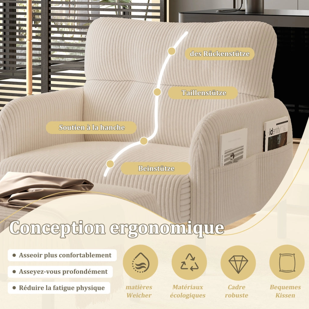 Poltrona singola in corduroy beige con tasca laterale; struttura in metallo; 67x75x79 cm
