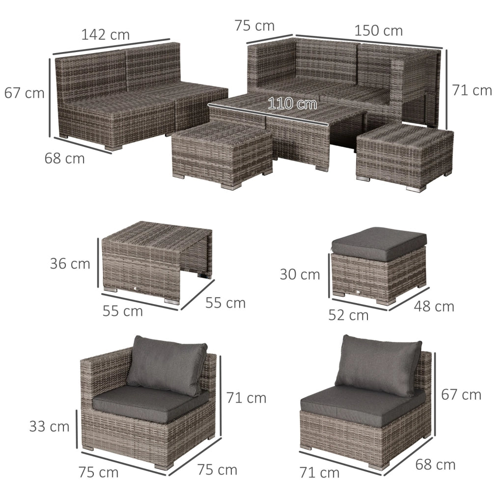 EasyComfort Salotto da Esterno in Rattan PE da 8 Pezzi, Set Mobili da Giardino Salvaspazio con Poltrone, Tavolini e Sgabelli, Grigio
