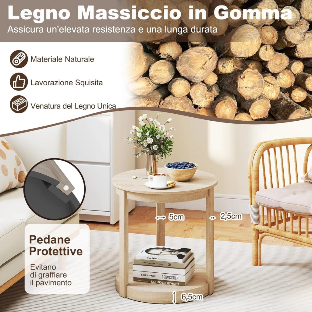Tavolino Rotondo da Salotto, Tavolo da Caffè a 2 Livelli con Ripiano e Gambe in Legno di Gomma, Portata 160 kg, Tavolino in Legno per Soggiorno, Studio e Ufficio, 60,5 x 60,5 x 61 cm (Quercia)
