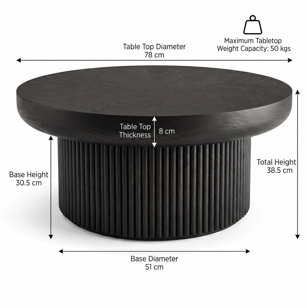 Tavolino da caffè rotondo nero con base scanalata