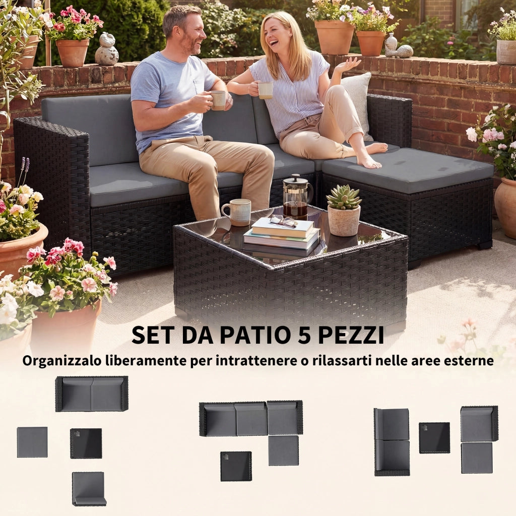 5-Piece Modular Wicker Garden Set with Cushions, Gray Corner Sofa