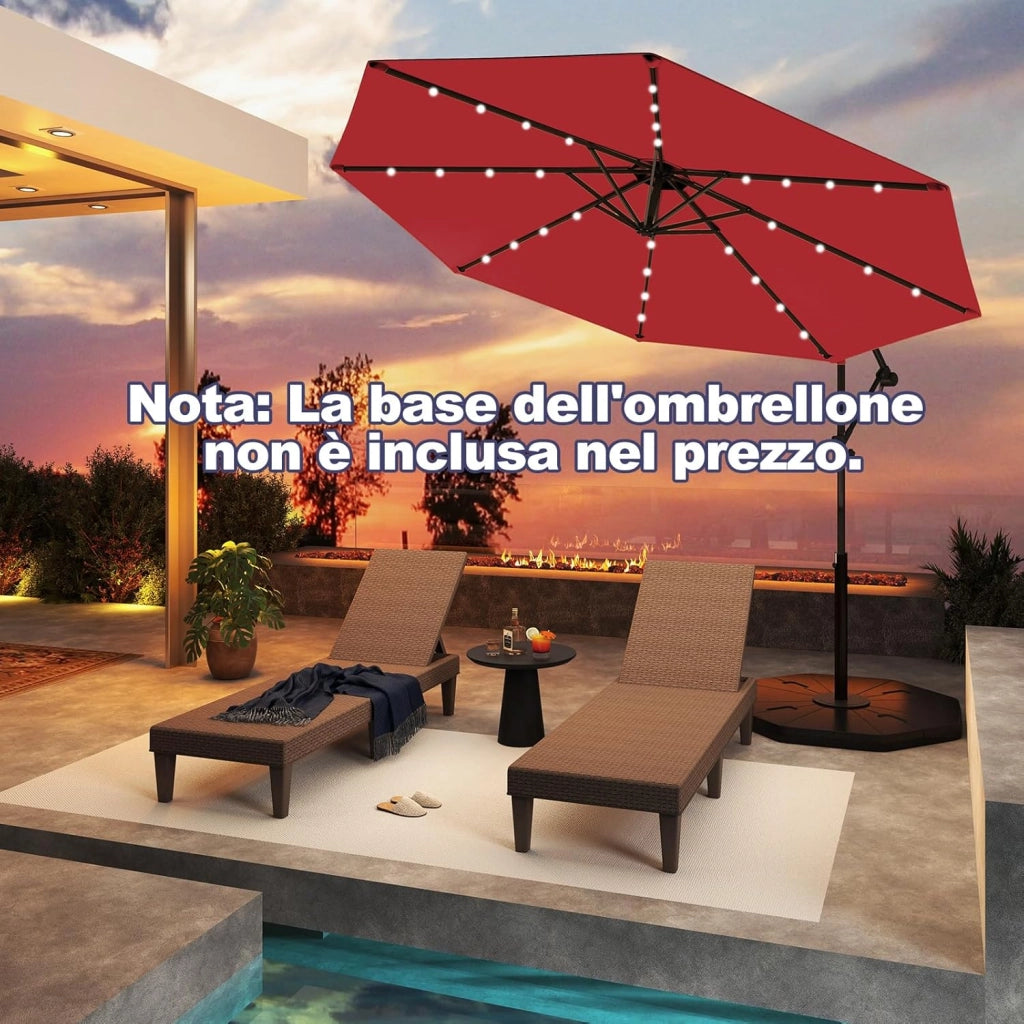 Ombrellone da Giardino ∅300 cm con 32 Luci LED, Ombrellone Prendisole con Rotazione di 360°, Inclinazione Regolabile, 8 Stecche, Manovella, per Giardino Piscina Cortile (Borgogna)