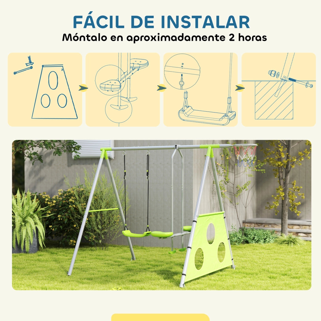 Set Altalene 4 in 1 con Dondolo, Cestino e Porta Bersagli per Bambini ¨C Zephmum ¨C Verde 215x180x182 cm