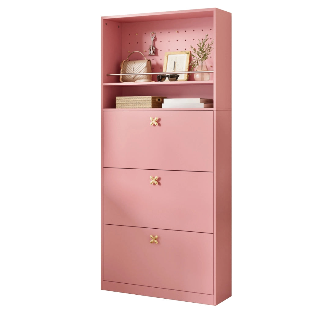 Scarpiera alta con scomparti a ribalta; ripiano aperto e pannello forato; 80×24×178;5 cm; rosa