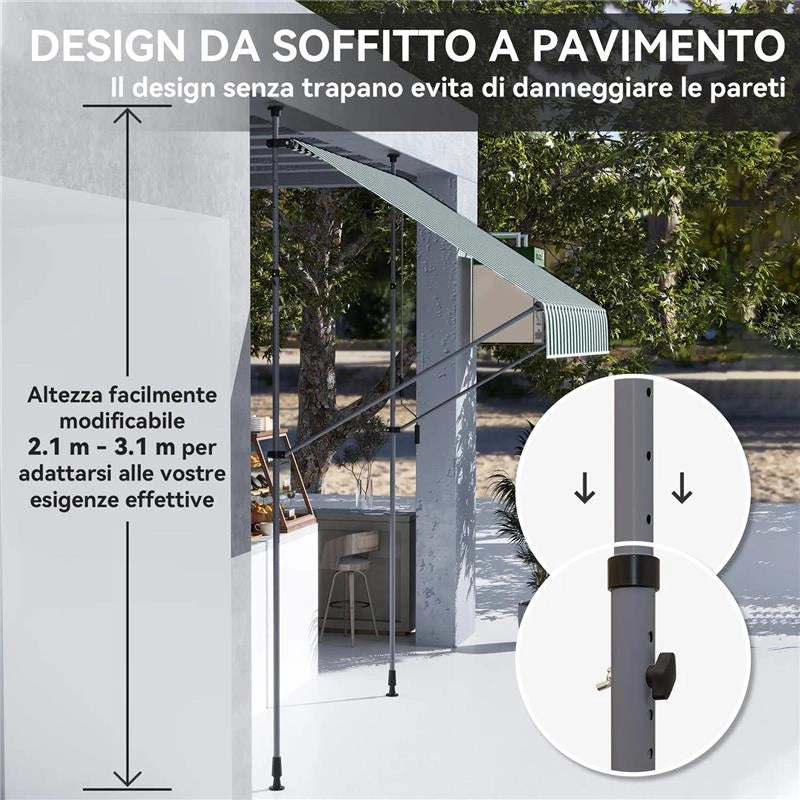 TENDA DA SOLE 2X1.2 M CON SUPPORTI REGOLABILI E MANOVELLA IN ALLUMINIO METALLO E POLIESTERE VERDE E BIANCO