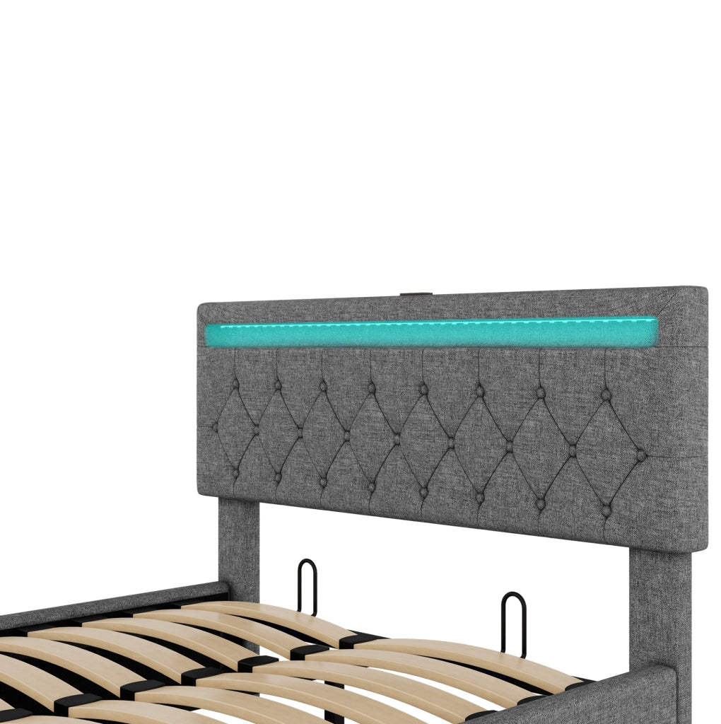 Letto matrimoniale 140x200 cm imbottito con contenitore; LED RGB; USB e USB-C; grigio