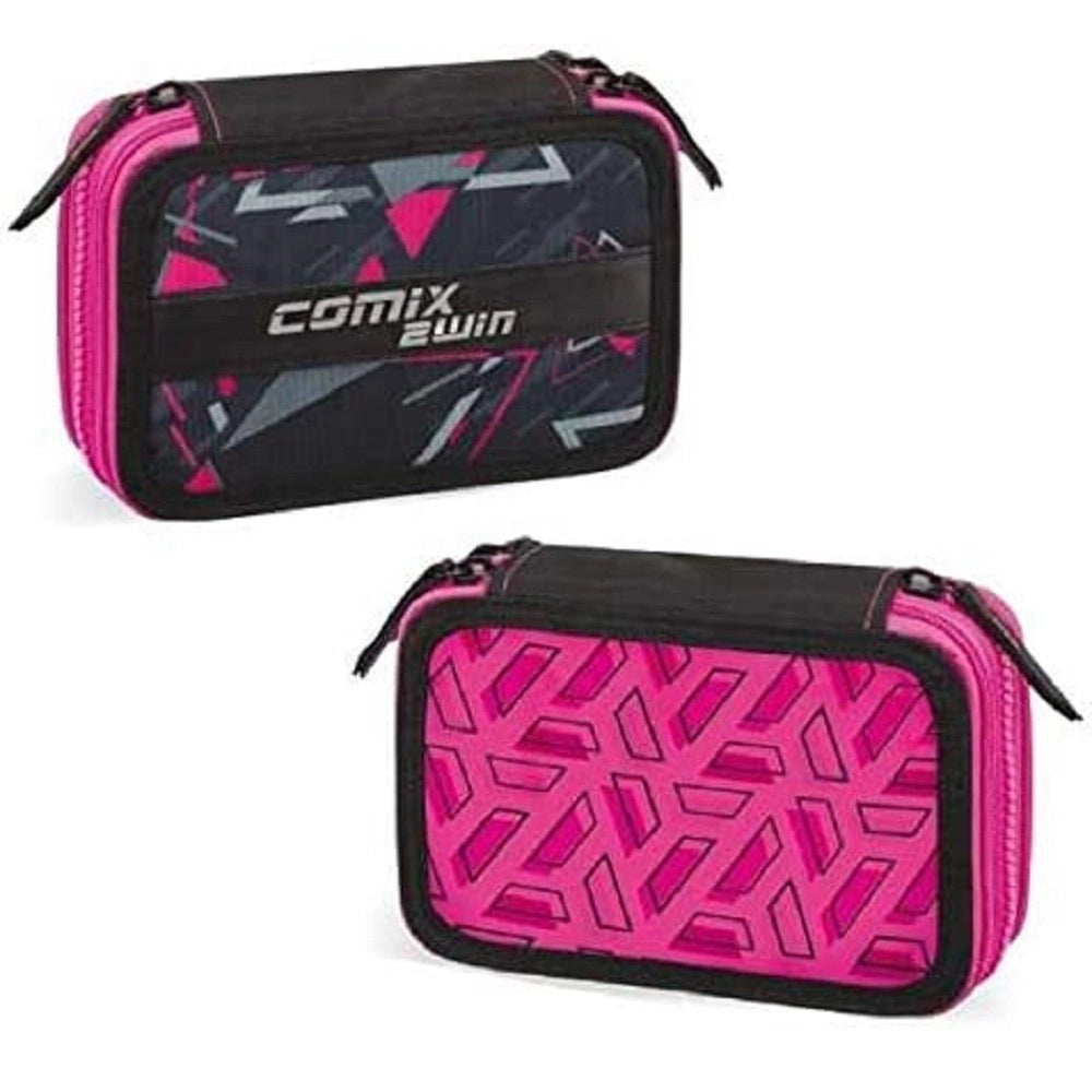 Trade Shop - Astuccio Comix 2win 3zip Scomparti Portapastelli Penne Scuola Accessoriato Fuxia -