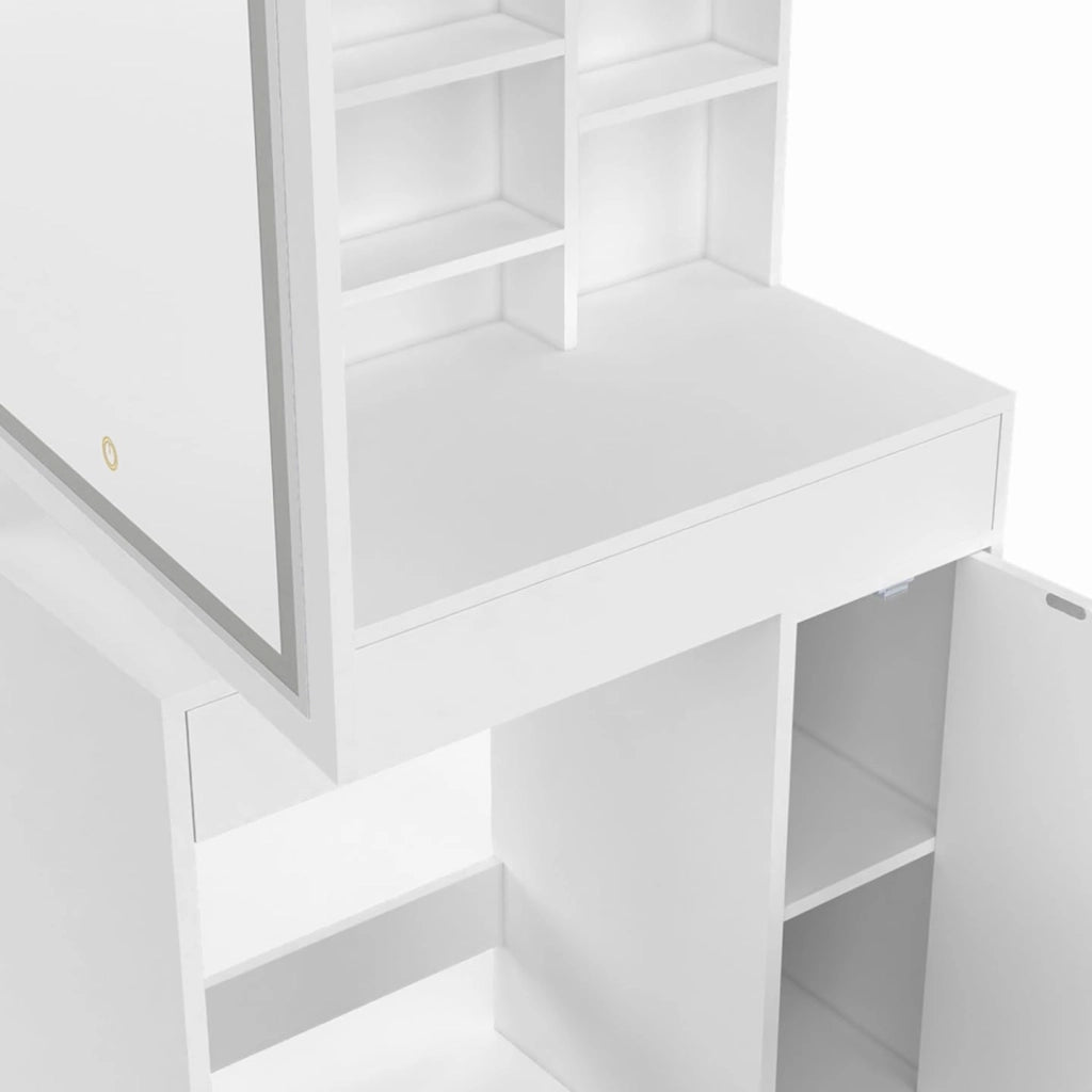ZELIA tocador blanco con espejo LED, almacenamiento, 1 cajón, 1 unidad de almacenamiento y taburete tapizado