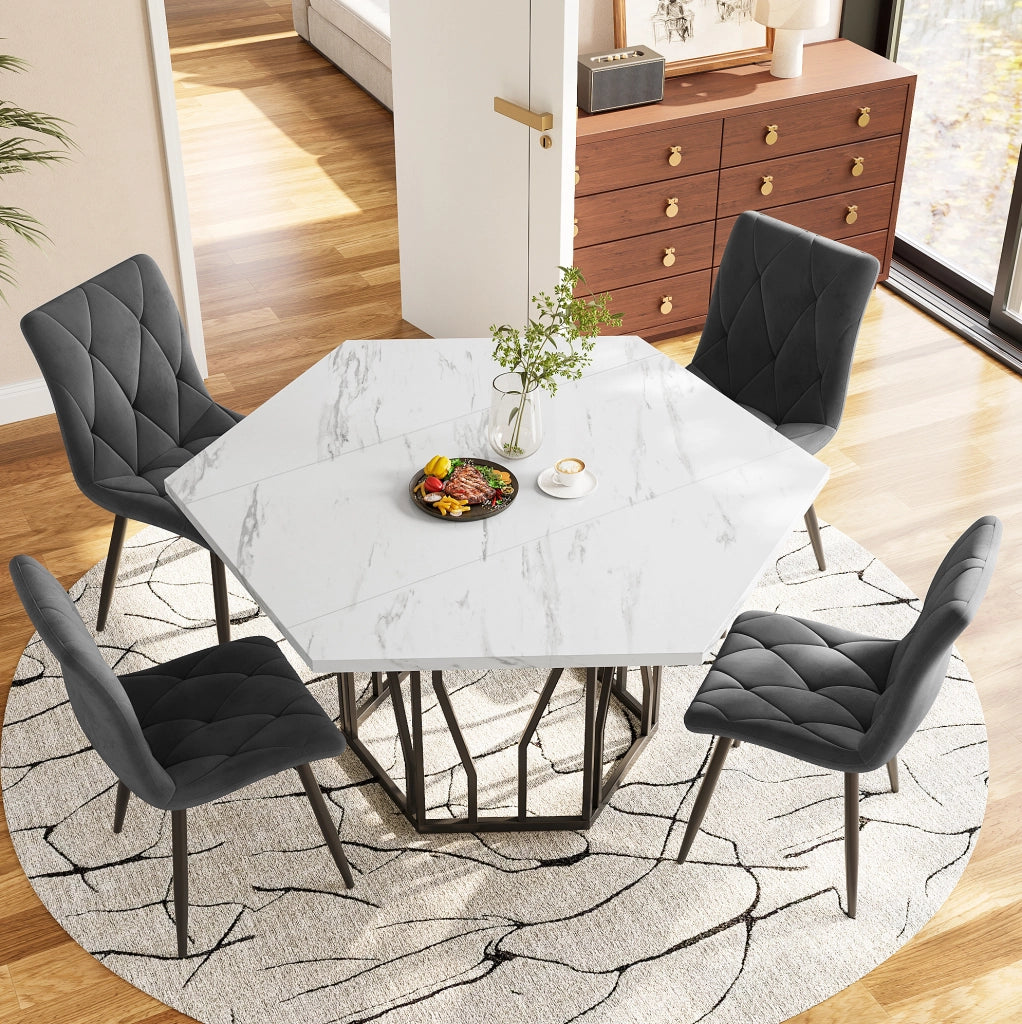 Set sala da pranzo 5 pezzi con tavolo esagonale in marmo bianco e 4 sedie in velluto verde