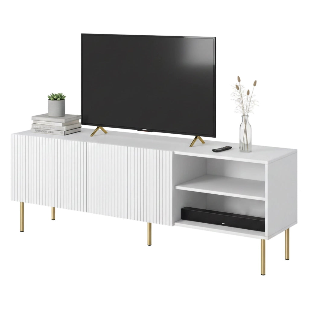 Mobile porta TV Magnano, Madia da salotto con quattro ante battenti, Rialzato da terra, 150x42 h52 cm, Bianco