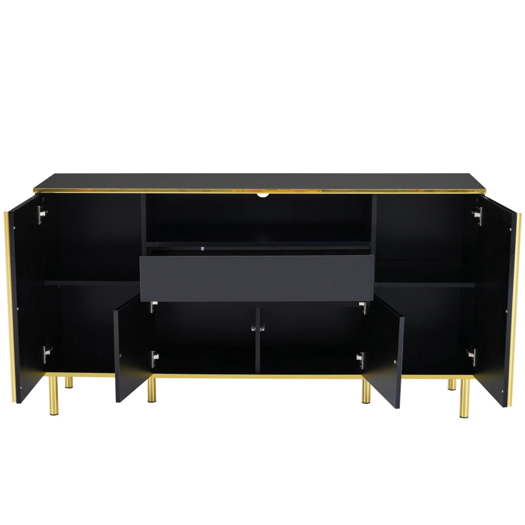 Credenza a 4 ante con 1 cassetto e LED, finitura nero lucido con dettagli dorati e vano capiente 150 × 40 × 80 cm