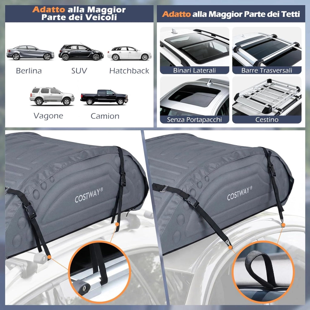 Borsa da Tetto per Auto Impermeabile 14Cu.Ft/400L, Box Tetto Universale Pieghevole con Borsa+ 4 Cinghie Rinforze+ 4 Ganci, Portabagagli per Tutti i Veicoli con/senza Barre Portapacchi (Grigio)