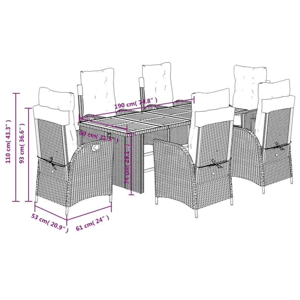 Set da Pranzo da Giardino 7 pz Nero con Cuscini in Polyrattan