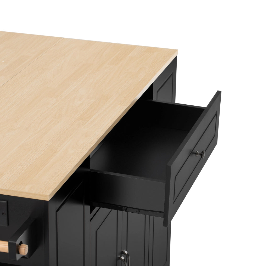 Isola da cucina mobile con piano ribaltabile; prese AC USB e USB-C; MDF; nero naturale