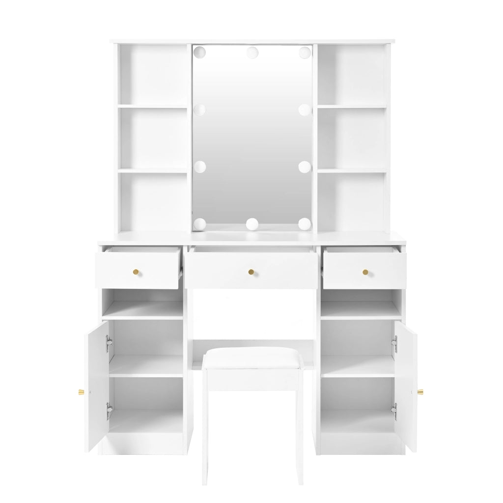 Tavolo da trucco con specchio e LED regolabili, 3 cassetti, 2 ante e 4 ripiani aperti, bianco, 110 x 40 x 151 cm