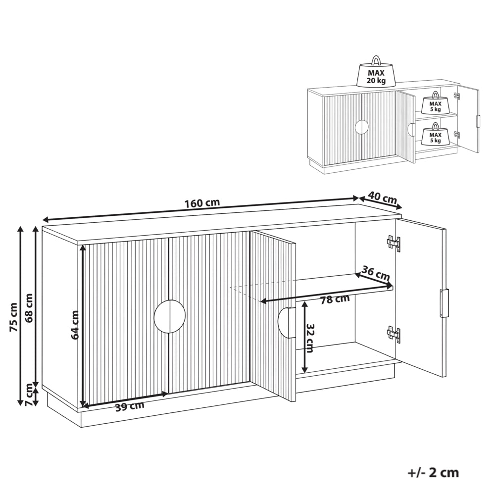 Credenza a 4 ante in MDF, colore marrone scuro, da appoggio, con ripiani e frontale scanalato, mobile contenitore per la casa