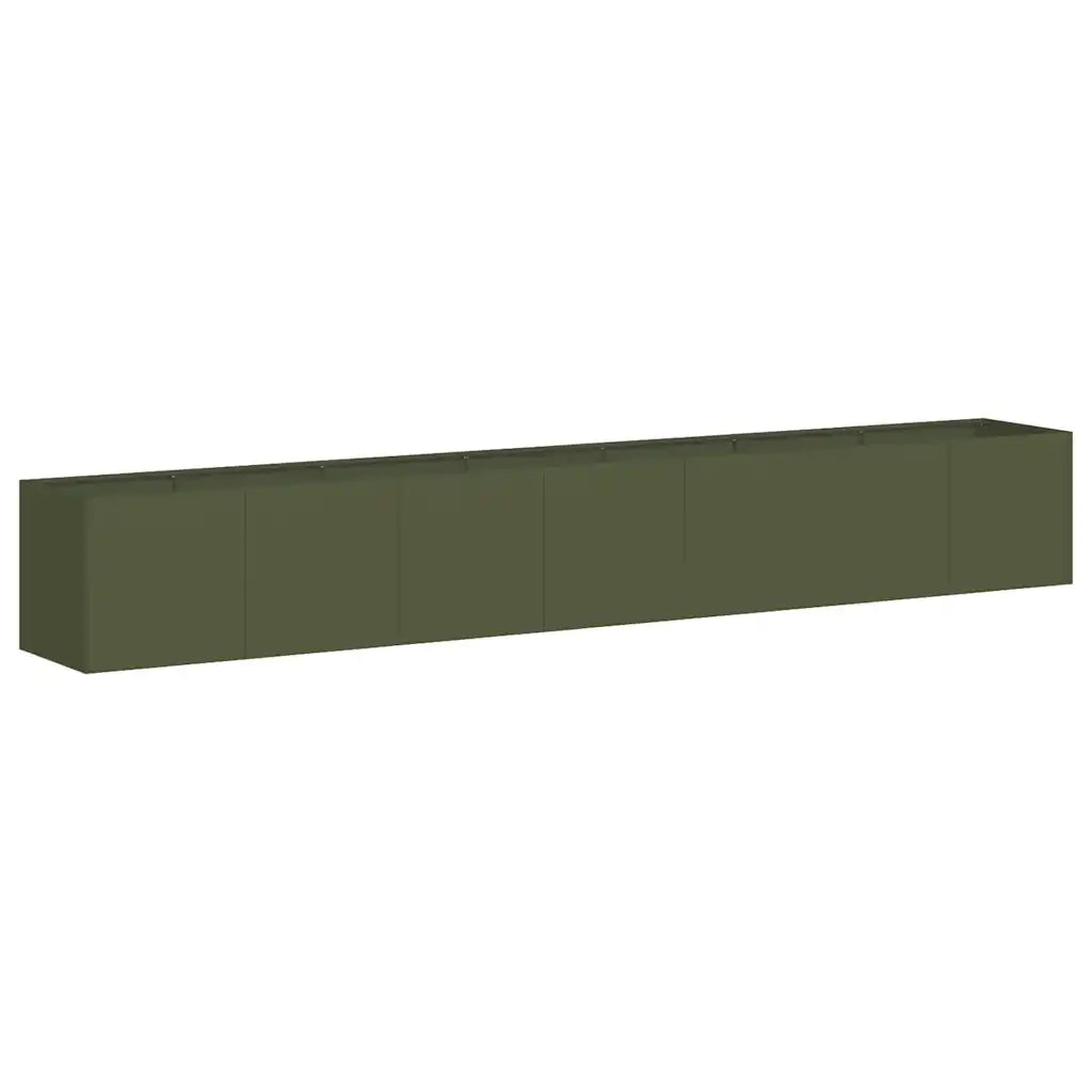 Fioriera rettangolare moderna per esterni 280 x 40 x 40 cm con fondo aperto elegante finitura in acciaio laminato a freddo verde oliva 02_0051481