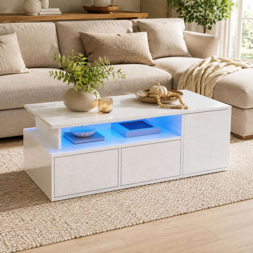 Tavolino da caffè LED bianco 100x50x35 cm con 2 cassetti