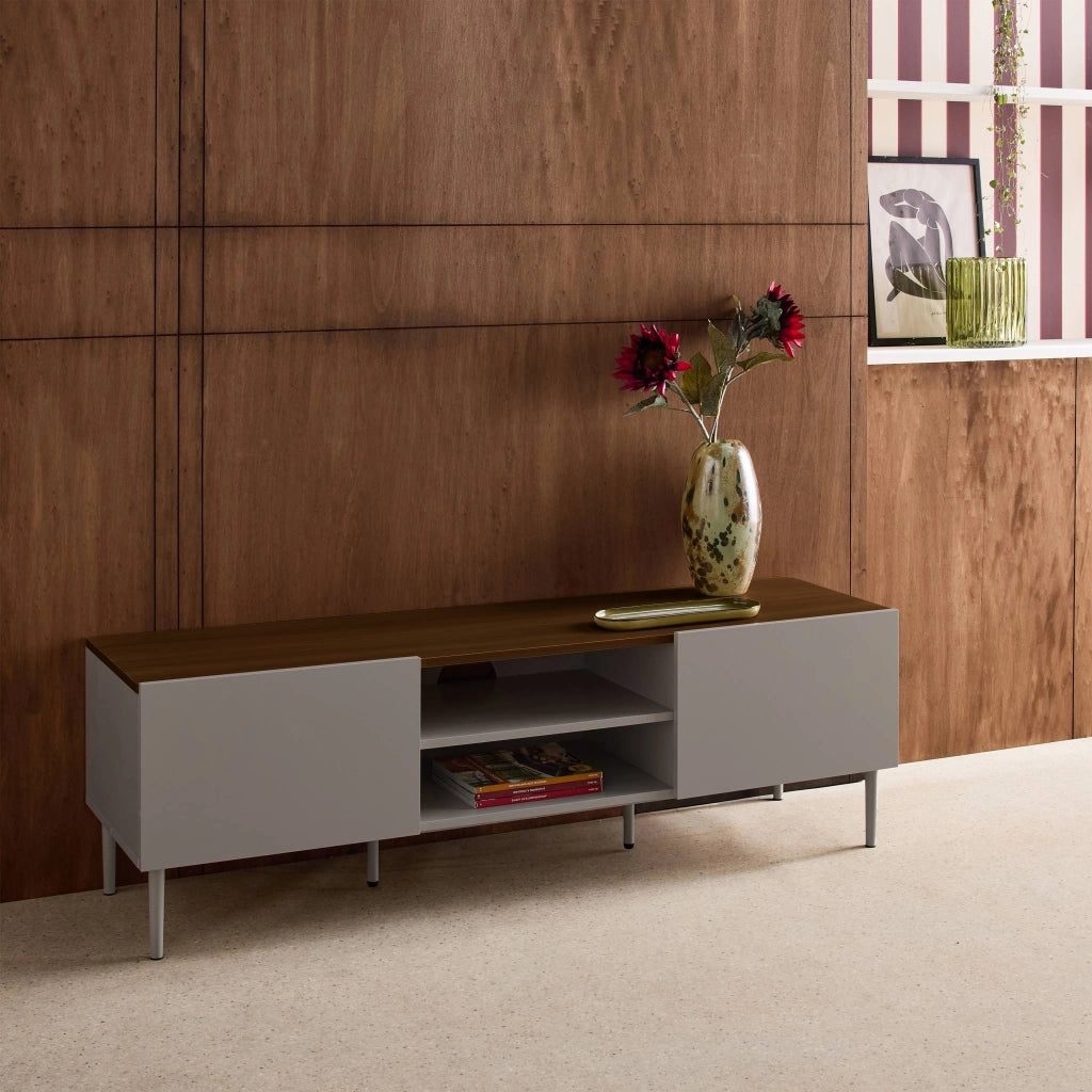 Mobile tv in metallo e decorazione in legno 2 ante, 140cm, grigio