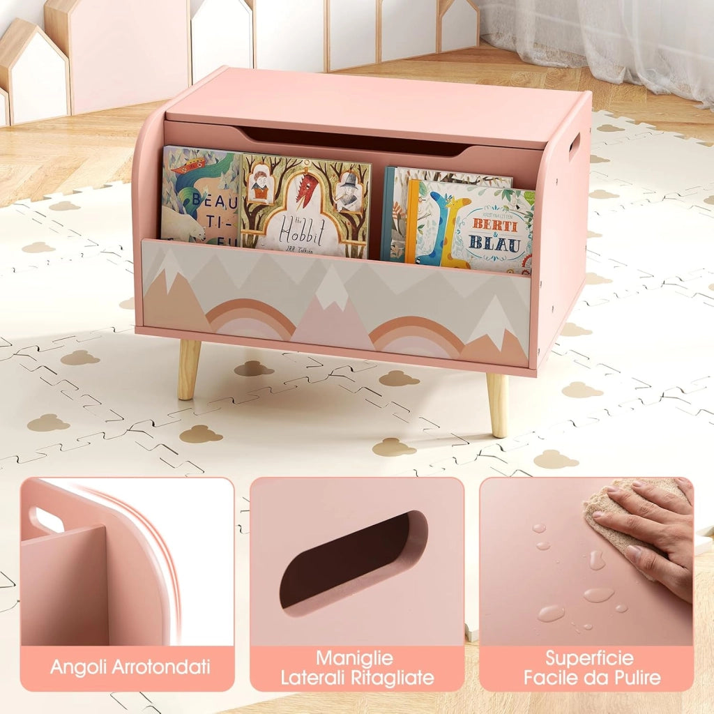 Cassapanca Portaoggetti per Bambini, con Libreria, Organizer per Giocattoli con 4 Gambe in Legno Massello e Coperchio Ribaltabile, per Sala Giochi e Asilo, 60x40x43 cm (Rosa)