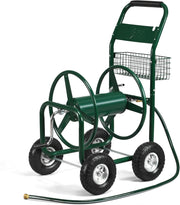 Carrello Avvolgitubo da Giardino, Avvolgitubo in Metallo con Cestino e 4 Ruote Pneumatiche, per Tubi da 5/8", Fino 80 Metri, 95 x 62 x 113 cm, Verde