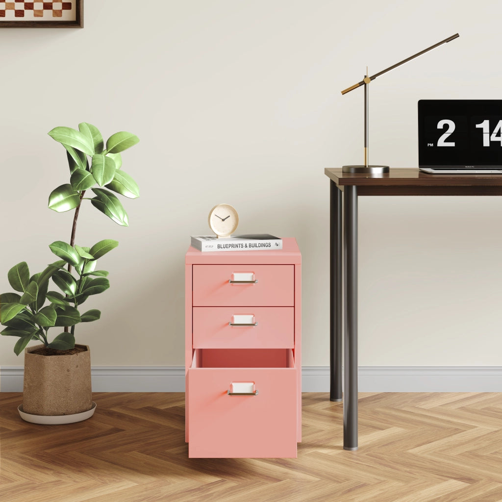 Cassettiera Kökar in Acciaio Mobile Archivio con 3 Cassetti e Rotelle - Rosa [en.casa]