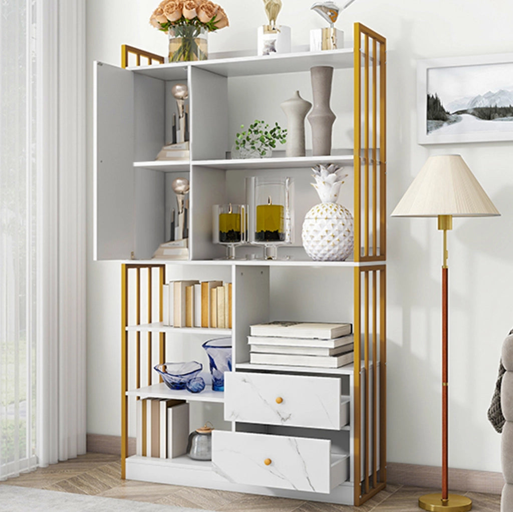 Libreria a 6 ripiani con ante e cassetti; 100 x 30 x 173;5 cm; truciolare bianco e oro