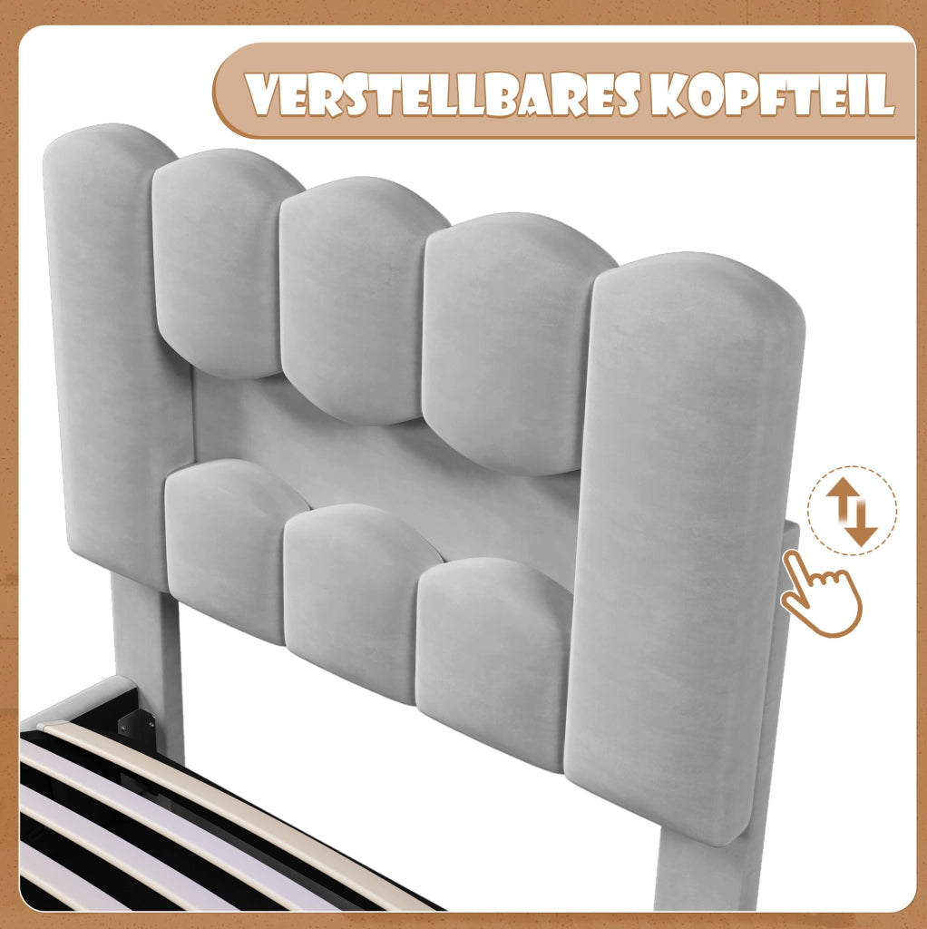 Letto imbottito 90x200 cm grigio con LED e vano contenitore