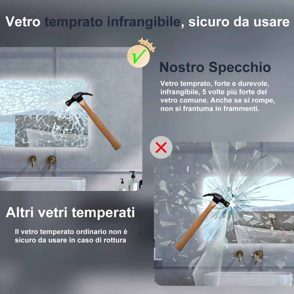 Specchio da bagno Rettangolare con 80x60cm,Memoria,Regorabile,Retroilluminato,doppio interruttore,HD temperato