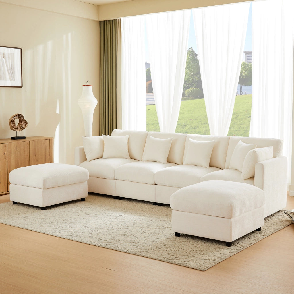 Divano ad angolo convertibile modulare con braccioli regolabili e 2 pouf in ciniglia beige
