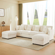 Divano ad angolo convertibile modulare con braccioli regolabili e 2 pouf in ciniglia beige