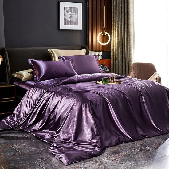 Set di copriletto in seta - copriletto - lenzuolo - cuscino - 200x220 - set comprendente 2 cuscini - 100% seta pura - viola cristallo
