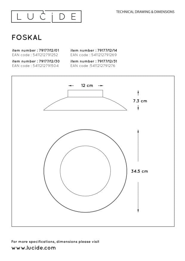 Plafoniera Lucide Foskal LED 12W 2700K nera 34,5cm