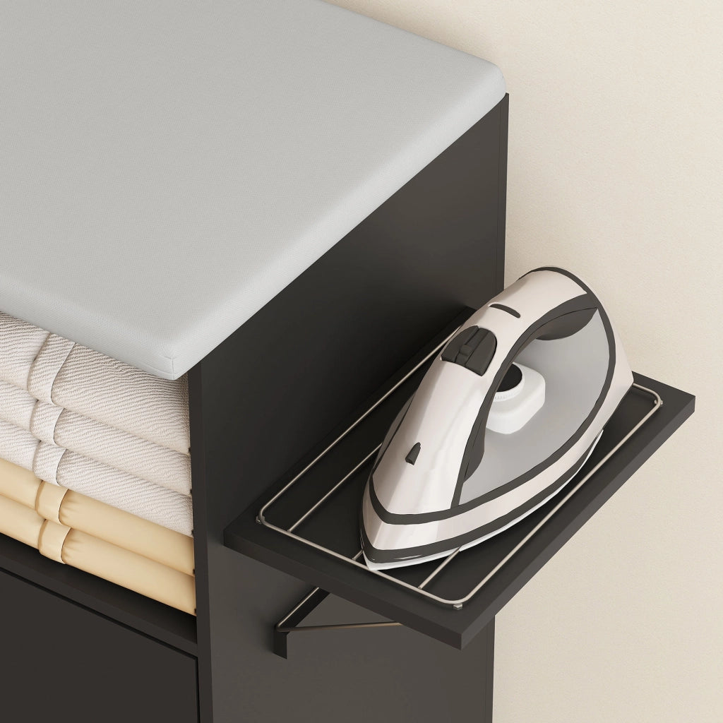 Mobile Asse da Stiro 127x42.5x99 cm con Piano d'Appoggio Effetto Lino 3 Ripiani a Cubo e Guida Nero