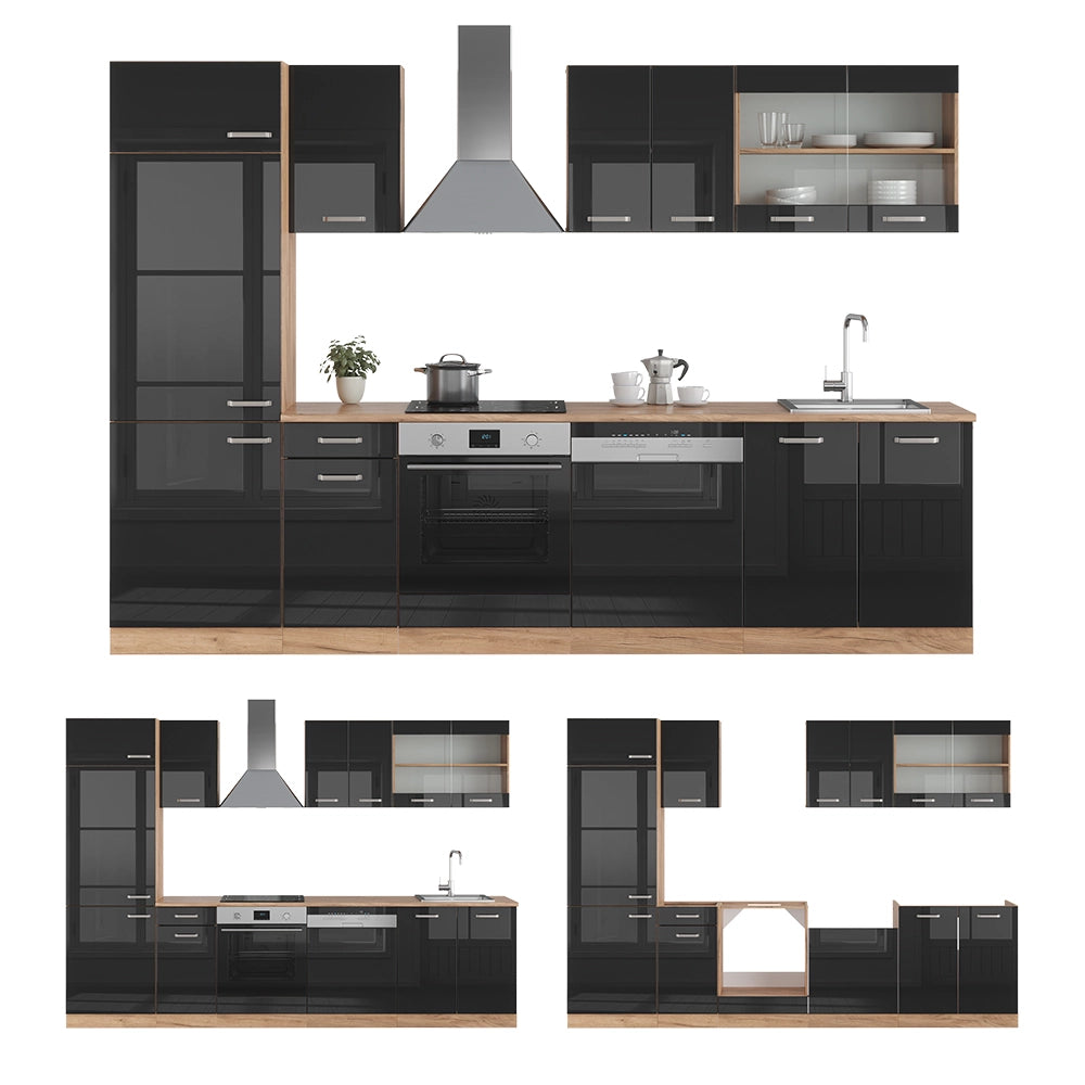 Vicco Cucina componibile Rovere nero/oro lucido 300 cm senza piano di lavoro