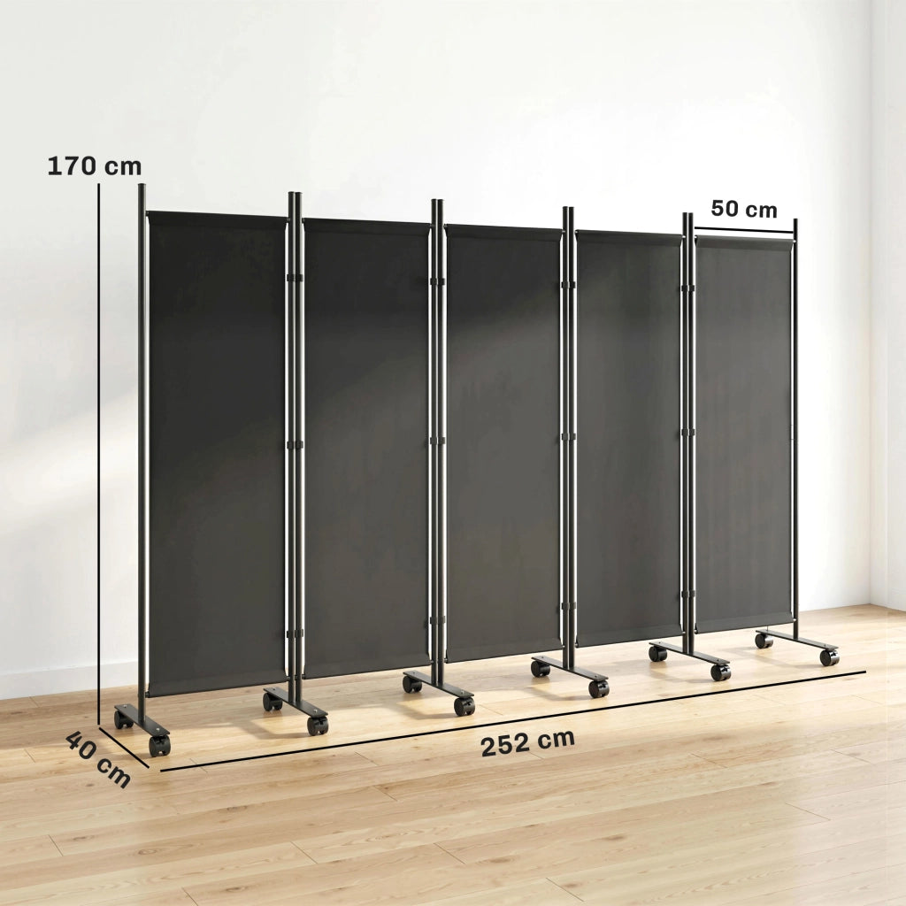 Biombo Separatore 5 Pannelli 12 Ruote ¨C zephmum ¨C Nero 252x170 cm